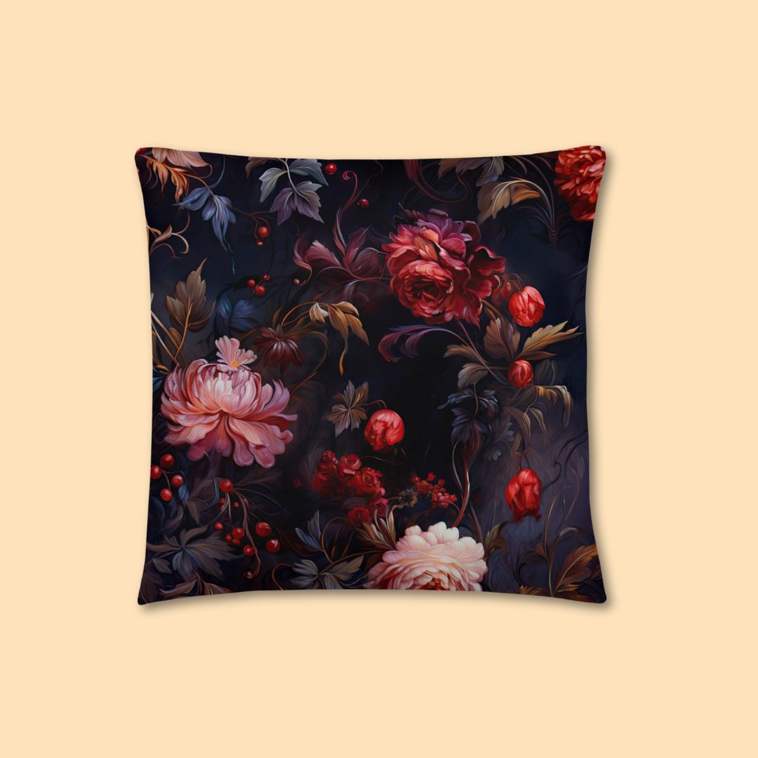 Dark Academia Aesthetic Gothic Floral Rococo Basic Black Pillow Taverna da Ilsa 18″×18″ 